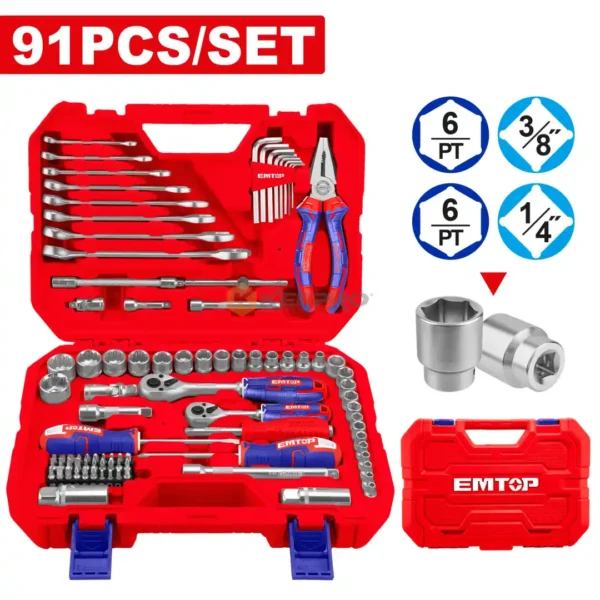 JEU D’OUTILS 91 PCS 1/4″+3/8″ + PINCE – EHTS00911 | EMTOP