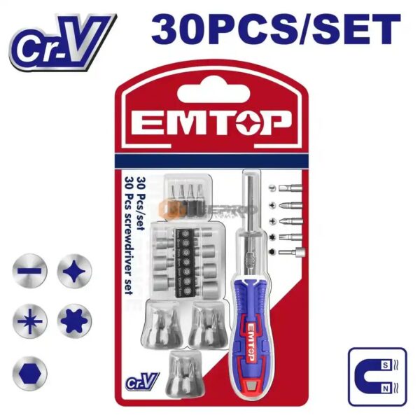 JEU TOURNEVIS CLIQUET + EMBOUT + DOUILLE 30PCS EBST-03006 REGLABLE EMTOP