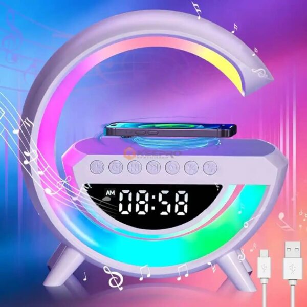 HORLOGE ELEC +BAFFLE BLUETOOTH +CHARGEUR MOBILE FORME "G" ROND MINI3401