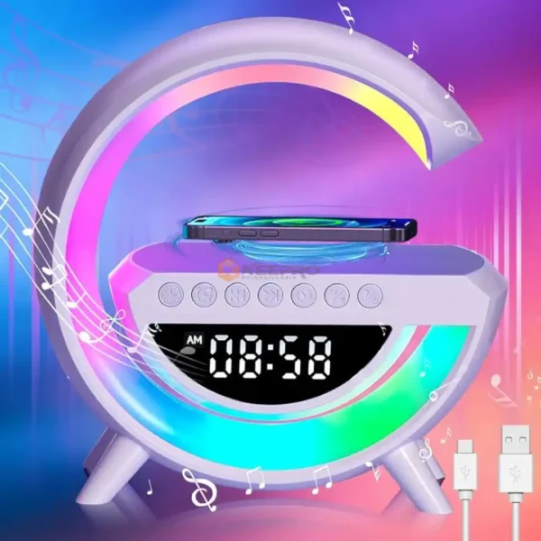 HORLOGE ELEC +BAFFLE BLUETOOTH +CHARGEUR MOBILE FORME "G" ROND MINI3401