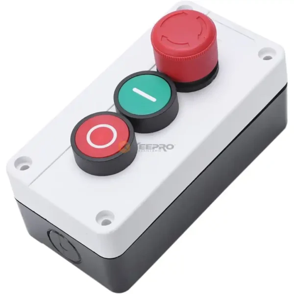 INTERRUPTEUR MACHINE 380V 3P ON-OFF-BOUTON D'URGENCE + CAGE PLAST 55-B363 AVEL