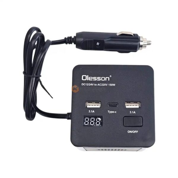 TRANSFO AUTO CARRE 12V-220V 150W NOIR 1 PRISE + 2 USB + 1 TYPE-C OLESSON