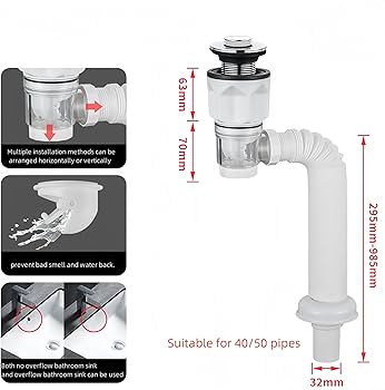 SIPHON LAVABO ACCORDEON 32 BANDE POUSSOIR + CLAPET BLANC JINGPINWEIYU