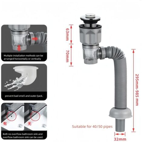 SIPHON LAVABO ACCORDEON 32 BANDE POUSSOIR + CLAPET GRIS JINGPINWEIYU