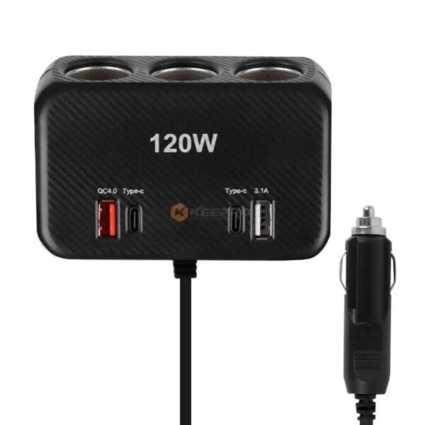 TRANSFO AUTO 12V-220V 120W NOIR 3 ALLUME CIGARETTE + 2 USB + 2 TYPE-C IN-CAR
